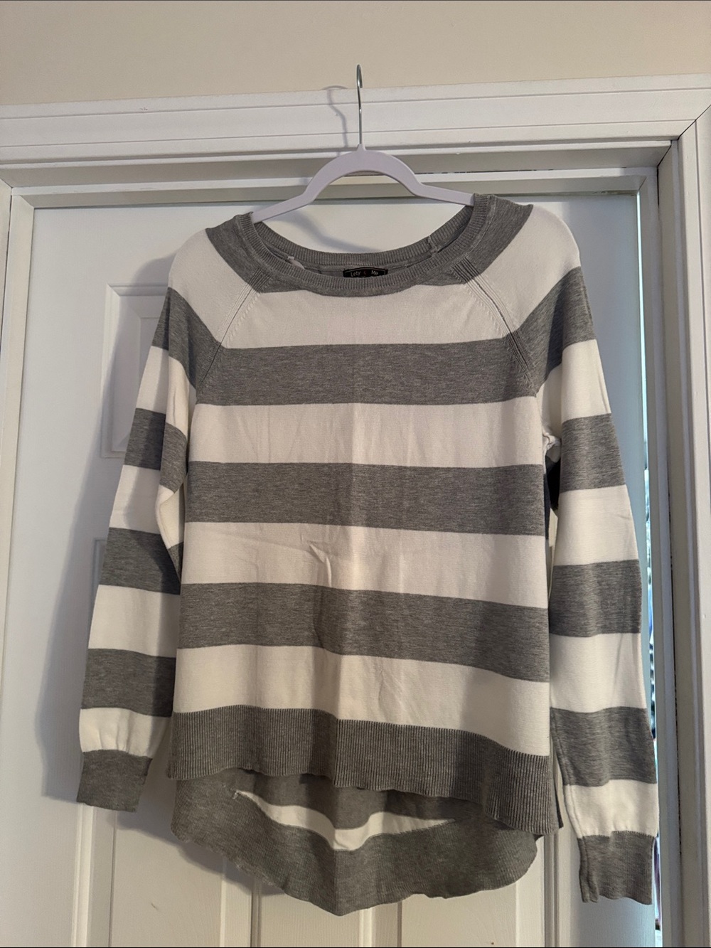 Women's Striped Crewneck Sweater - Gray & White